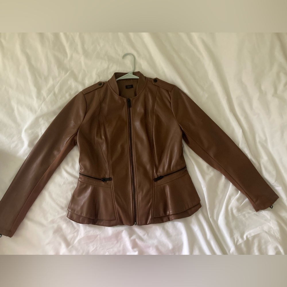 Woman’s Faux Brown peplum leather jacket